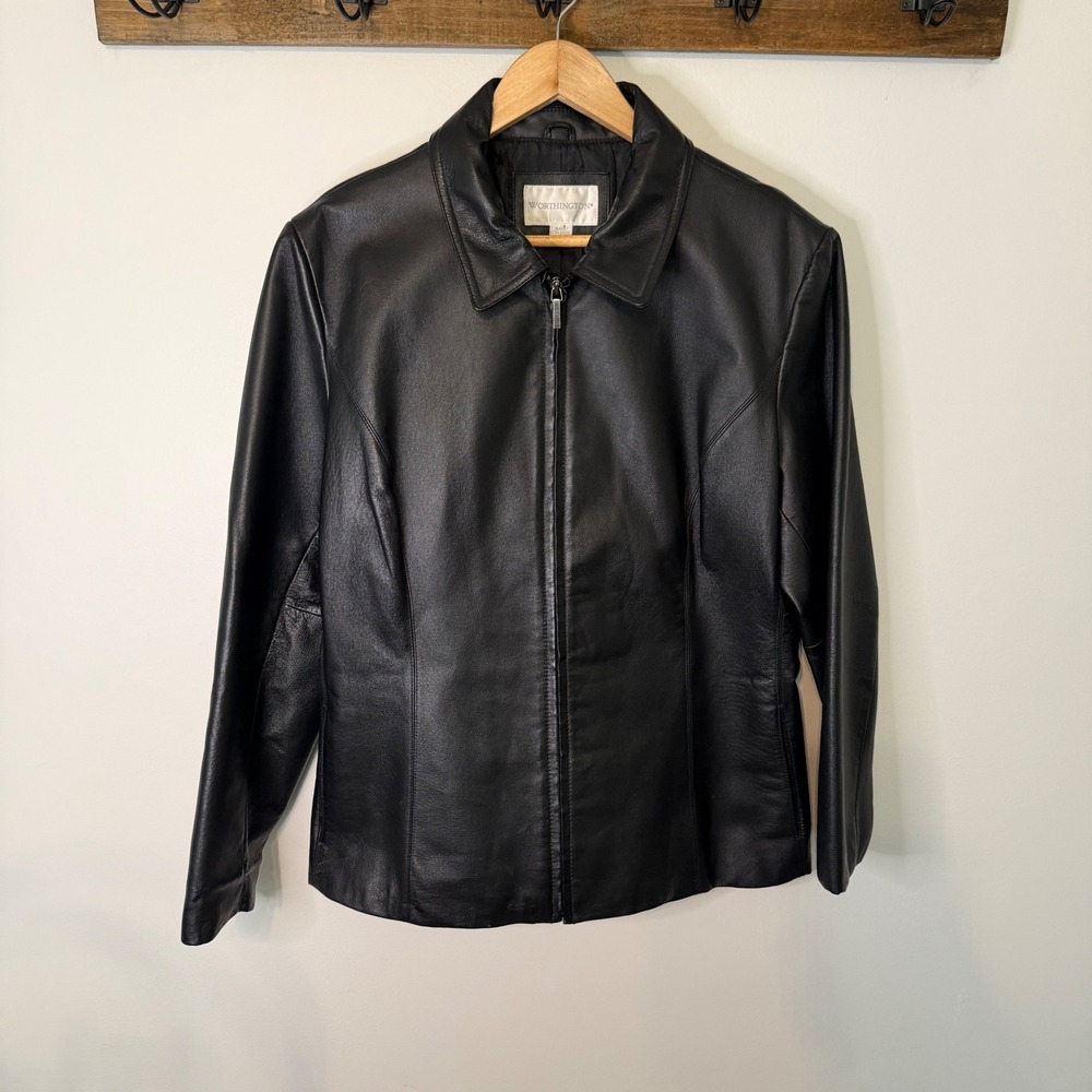 Worthington Black Genuine Leather Jacket XL Zip Front Nappa Leather Coat